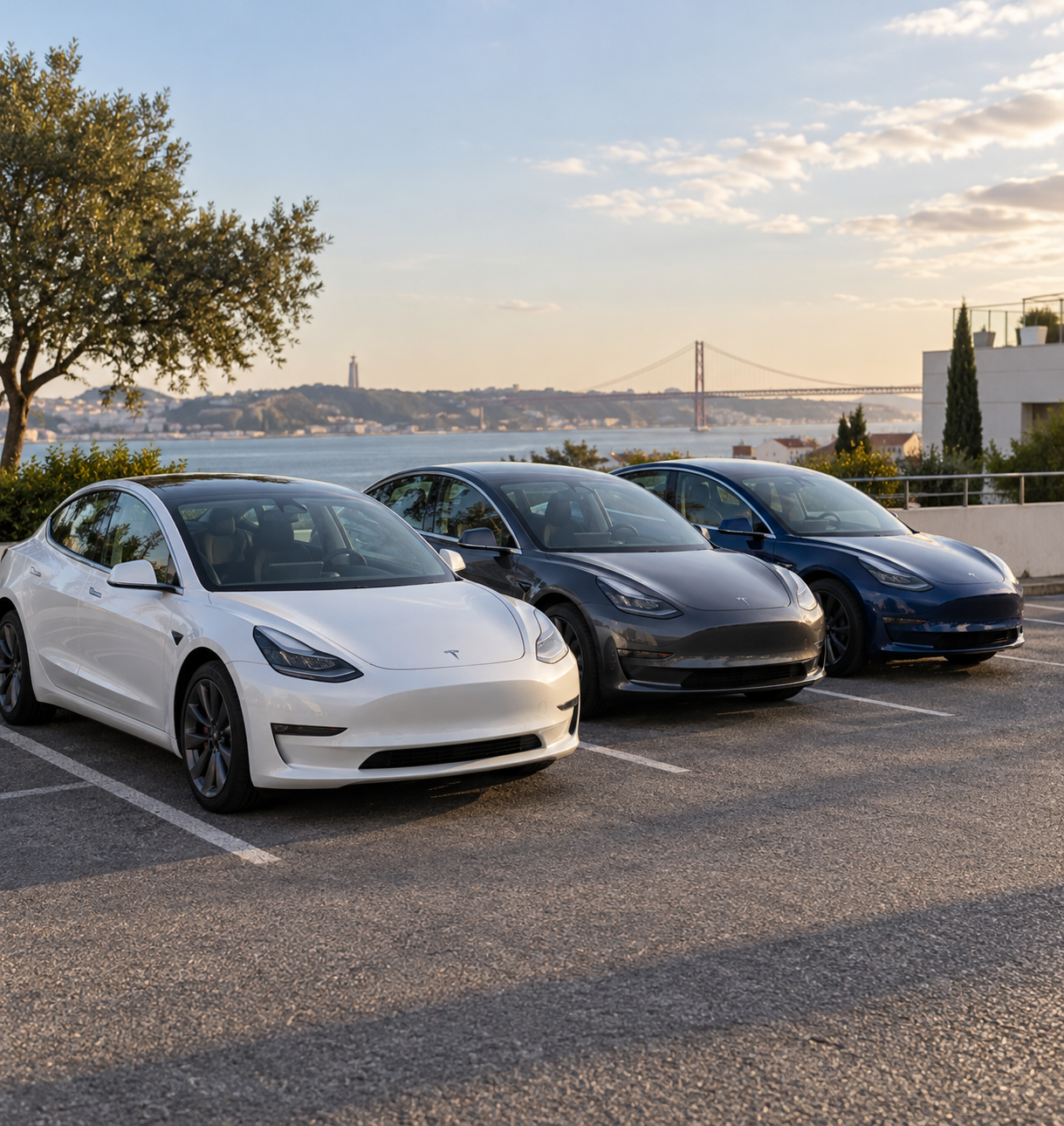 Três Tesla Model 3 num parque de estacionamento